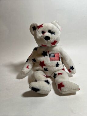 Patriotic Star beanie baby Bear - White with Red & Blue Stars